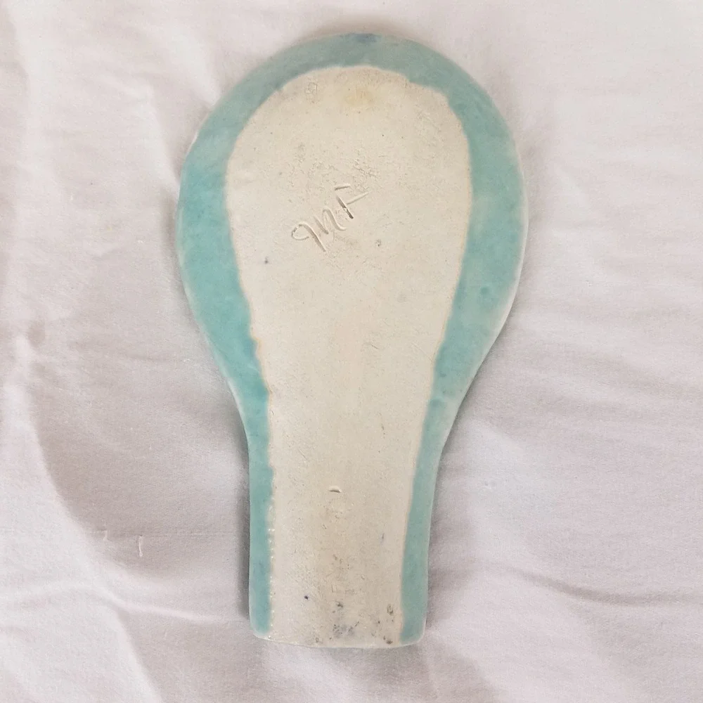 Handmade Ceramic Spoon Rest Kitchen Turquoise Teal Glazed Excellent Artisan 6.5